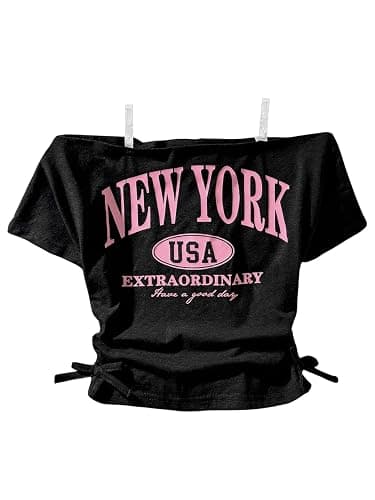 RoseSeek Girl's Off The Shoulder Letter Graphic Tees Short Sleeve Ruched Bowknot T Shirts Cute Crop Tops - Image 1