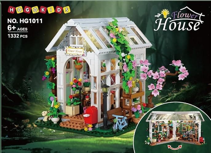 HOGOKIDS Flower House Building Set with LED Light - 1332 PCS Garden House Buiding Toy with Flowers Potted Plants Parrot Cat Animals Playset Greenhouse Model Xmas Gift for Adults Teens Girls Ages 8+ thumbnail 10