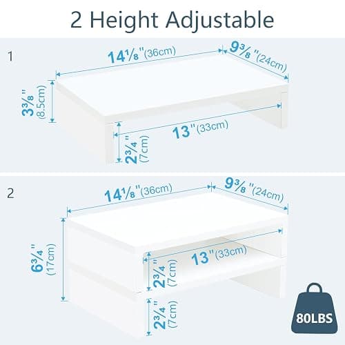 TEAMIX White Monitor Stand Riser, 2 Pack Wood | Dual Stand for 2 monitors. Holds 80 lbs, Stack or Separate Adjustable Use, Fits laptop, TV, PC. For Home Office, Gaming thumbnail 3