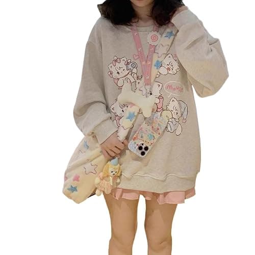 Y2k Harajuku Kawaii Grey Preppy Style Sweatshirt Women Japanese Fashion Cute Casual Cat Print Loose Hoodie - Image 1