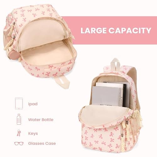 Cohawk Bow Backpack for Women Coquette Aesthetic Nylon Rucksack Cute Kawaii Backpack 3Pcs Set With Bow Pattern thumbnail 5