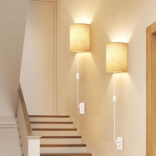 Plug in Wall Sconces Set of Two: Wall Lights with On/Off Switch - Stepless Color Temperature Wall Mount Lamps - Fabric Linen Wall Sconce for Bedroom Living Room & Hallway- Indoor Corded Wall Sconces thumbnail 9