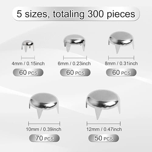 SBYURE 300 Pieces Round Dome Studs 5 Sizes Silver Studs for Clothing Metal Spike Studs for Leather Craft Clothes Belt Bag Shoes Bracelet Dog Collar Accessories DIY thumbnail 2