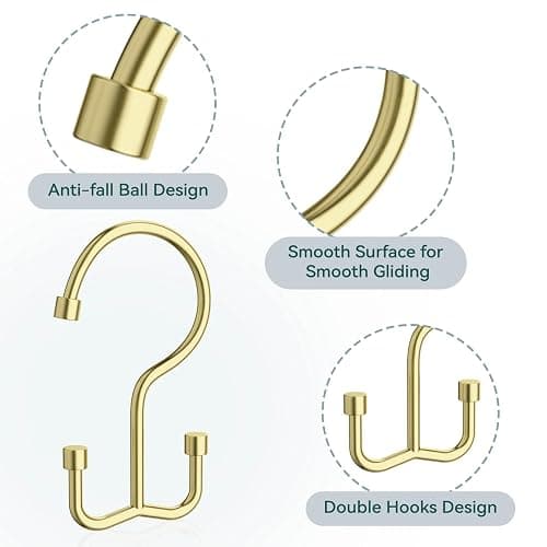 Goowin Shower Curtain Hooks, Shower Curtain Rings, Durable Gold Shower Curtain Hangers, Smooth Glide Double Hook Shower Curtain Hooks, Simple Shower Hooks for Shower Curtain, Gold, 24 Pack-Cylinders thumbnail 4