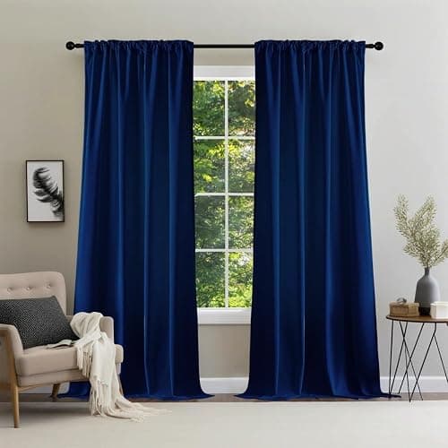 Joydeco Blue Velvet Blackout Curtains 84 Inch - 2 Panels Thermal Insulated Rod Pocket Drapes for Living Room Bedroom Dining Room Privacy - Image 1