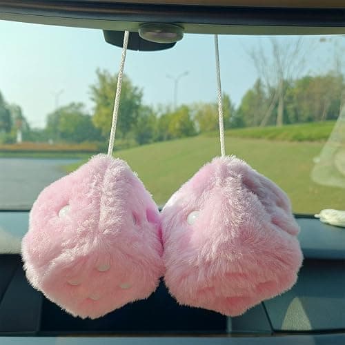 Fuzzy Plush Dice for Car Mirror, Pair of Retro 3” Light Pink Dice with White Dots for Car Interior Hanging Ornament Decoration (Light Pink) thumbnail 2