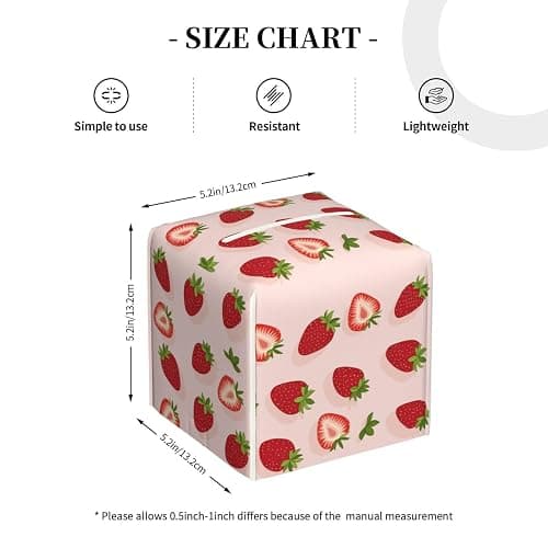Tissue Box Cover, Pink Strawberry Pu Leather Square Tissue Holder, Waterproof Durable Facial Tissue Protector, Home Decor thumbnail 3