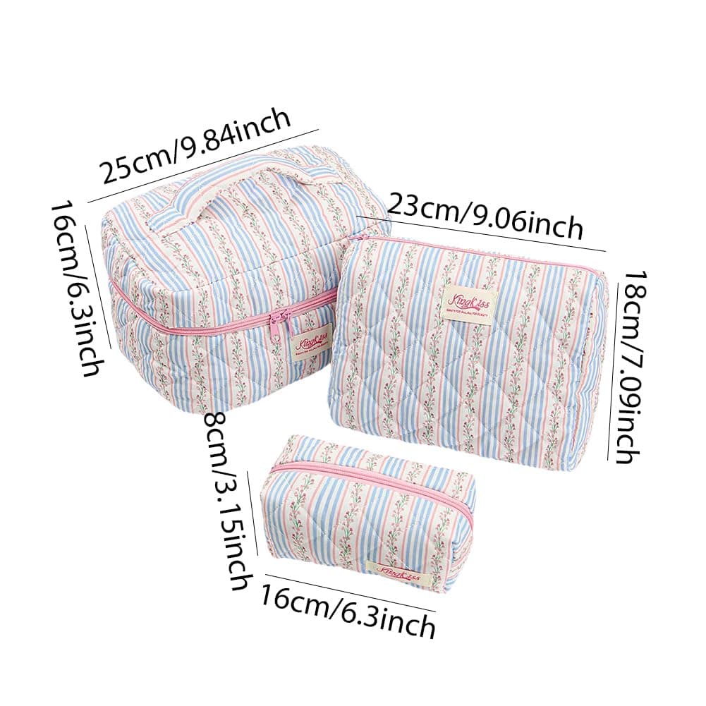 Quilted Makeup Bag Set for Girls Women - 3Pcs Cute Floral Cotton Makeup Bag, Large Aesthetic Floral Cosmetic Bags Coquette Flower Travel Toiletry Organizer for Daily thumbnail 7