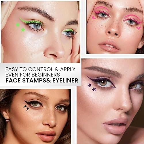 evpct 7Pcs Colored liquid Eye Liners Face Stamp Cosplay Gothic Makeup Set Kit for Beginners, Black Brown Purple Blue Red Pink Green Star Flowers Heart Moon Triangle Lightning Butterfly Stamps Eyeliner thumbnail 4