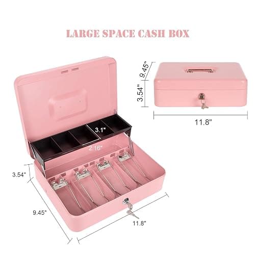 Cash Box with Money Tray and Key Lock, Money Box with Safe Locking, Money Saving Lock Box for Cash Register 11.8"x9.45"x3.54" Pink XL Large thumbnail 3