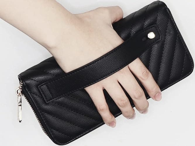 B BRENTANO Vegan Leather Double Zipper Pocket Wallet with Grip Hand Strap (Chevron Embroidered Black) thumbnail 6