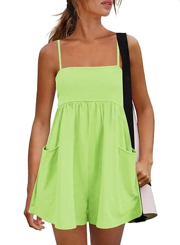 Panadila Womens Summer Rompers Beach Vacation Clothes Spaghetti Strap Short Jumpsuits Square Neck Dress with Pockets - Image 1