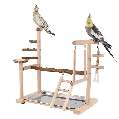 RoseFlower Wooden Bird Playground, Parrot Playstand with Perches, Ladder, Swing, Feeder Cups, Tray for Conure, Parakeets, Budgie, Cockatiels, Lovebirds, #4 thumbnail 9