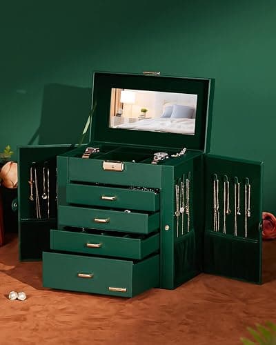 Homde Synthetic Leather Huge Jewelry Box Mirrored Watch Organizer Necklace Ring Earring Storage Lockable Gift Case (Forest Green + Gold) thumbnail 2