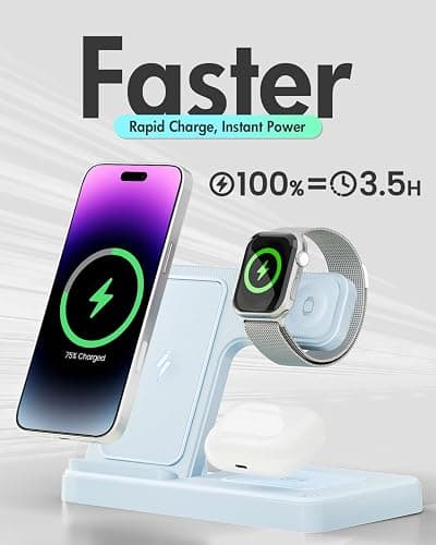 Wireless Charger Stand Charging Station: 3 in 1 Charger Stand Multiple Devices for Apple - iPhone 17 16e 16 15 14 Pro Max 13 12 11 - Watch 10 9 8 7 6 5 4 3 2 SE and Ultra Series-Airpods 4 3 Pro, Blue thumbnail 5