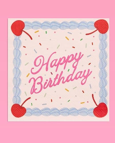 xo, Fetti Happy Birthday Napkins - 25 Paper Napkins | Birthday Decorations, Cake, Rainbow Sprinkles, Cherry, Icing, Party, Tablescape, Dessert thumbnail 3
