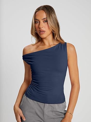 Trendy Queen Womens Summer Off The Shoulder Tops Going Out T Shirts Crop Tank Top Fashion Clothes Spring Outfits 2025 - Small - Navy thumbnail 2