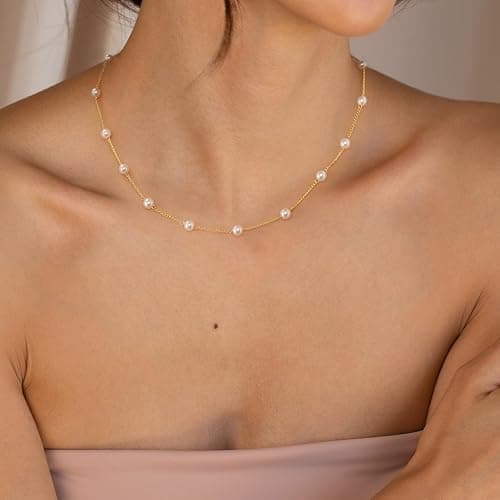 Sewyer Dainty Pearl Pendant Necklaces for Women 14K Gold Plated Handmade Layered Pearl Chain Necklace Delicate Layered Pearl Necklace Everyday Jewelry Gift thumbnail 2