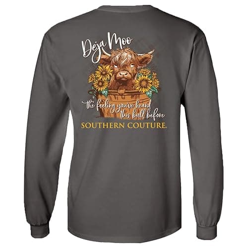 Southern Couture Deja Moo - Heard This Bull Before, Charcoal Grey Cotton Everyday Long Sleeve T-Shirt thumbnail 2