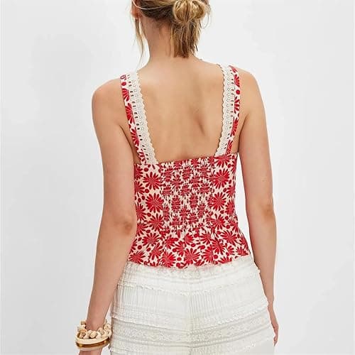 Women Breathable Floral Button Down Crop Tank Top Backless Front Tie Ruffle Trim For Summer Sexy Smocked Sleeveless thumbnail 4