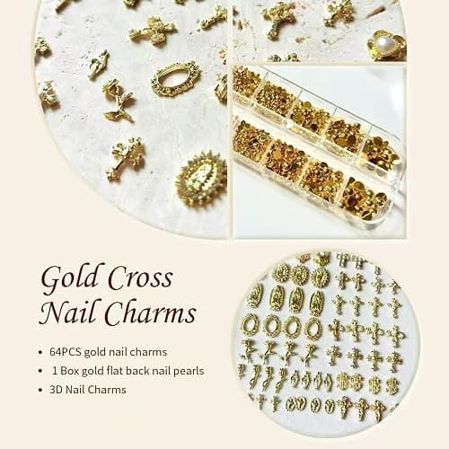 3D Cross Nail Charms, Gold Flat-Back Bead Charms for Nails, Nail Charms and Gems for Nail Art DIY Design, Nail Rhinestones Accessories Bulk (Gold) thumbnail 2