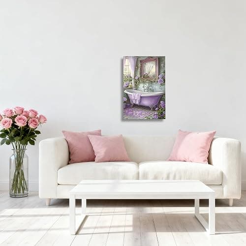 XLMDYYSW Purple Bathroom Canvas Wall Art Vintage Bathtub with Rose Pictures Rustic Floral Botanical Painting Print for Luxury Toilet Restroom Home Decor Framed (Purple, 18L x 12W) thumbnail 3