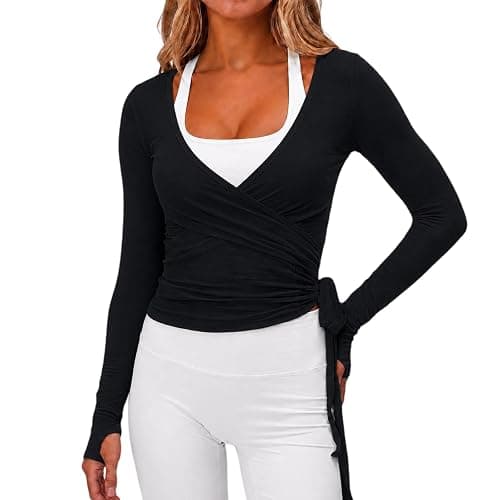 Usweetie Women's Ballet Wrap Top Long Sleeve Tie Workout Pilates Yoga Wrap Top - Image 1