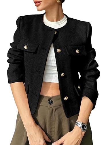 Cicy Bell Womens Cropped Tweed Blazers Jacket Collarless Button Down Coats | Business, Dressy, Casual, Trendy, Work, Office, Fall, Winter, Spring, Fashion - Image 1
