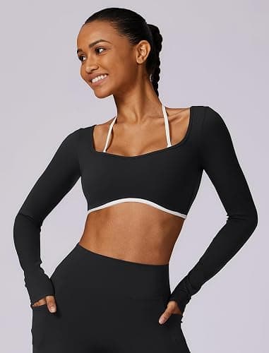 ABOCIW Long Sleeve Workout Tops for Women with Built in Bra Halter Open Back Croped Gym Top Yoga Athletic Shirts thumbnail 5