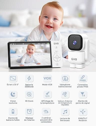 GHB Babyphone Camera Bebe Surveillance 5" LCD Rotation de 350° Baby Phone 2,4 GHz VOX Mode Capteur de Température Communication Bidirectionnelle 8 Berceuses Vision Nocturne sans WiFi thumbnail 9