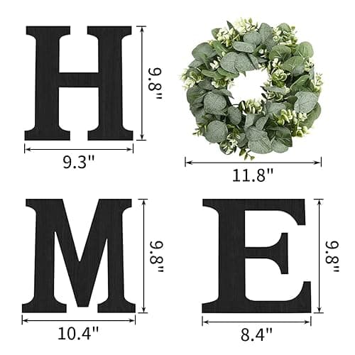 Wood Home Sign with Artificial Eucalyptus Wreath for O, Hanging Farmhouse Wall House Decor Wood Letters for Wall Art Rustic Home Decor, Wall Decor for Living Room Kitchen Entryway (Black) - Black - 9.8L" x 9.3W" thumbnail 3
