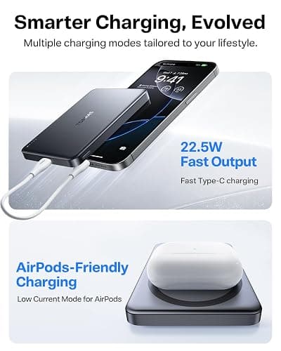 TORRAS MiniMag Power Bank,Ultra-Slim 10,000mAh Magnetic Wireless Portable Charger, 22.5W Fast Charging iPhone Air Magnetic Battery Pack Designed for iPhone 17 Pro Max/17 Pro/Air/16/15/14/13/12, Gray thumbnail 5