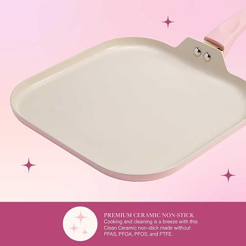 Paris Hilton Breakfast Ceramic Nonstick Cookware Set, Includes Square Griddle, Mini Heart Shaped Fry Pan and Two Silicone Heart Shaped Egg Rings, 4-Piece Set, Pink thumbnail 3