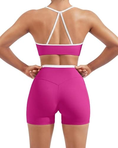 SUUKSESS Women 2 Piece Workout Sets Padded Halter Sports Bras High Waisted Biker Shorts with Pockets thumbnail 2