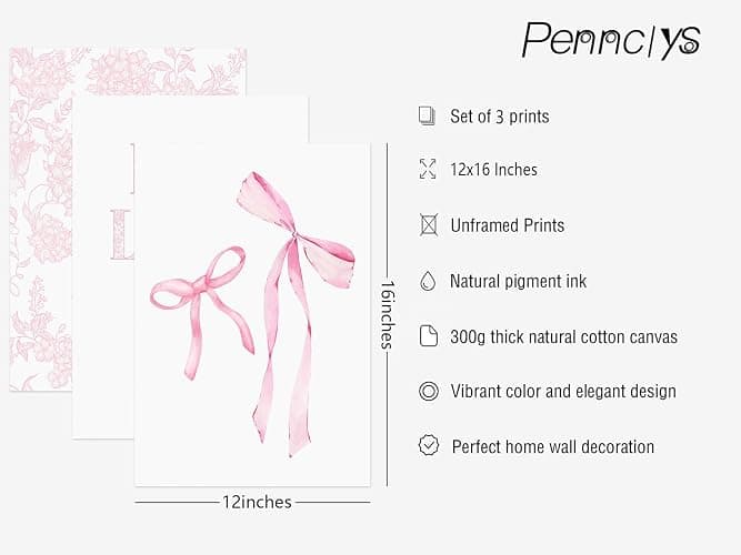 Pink Bow Floral Wall Art Preppy Aesthetic Canvas Wall Decor Trendy Coquette Posters Pink Bow Pictures Chinoiserie Flower Prints Painting for Girls Dorm College Apartment 12x16 Inch Unframed Set of 3 thumbnail 3