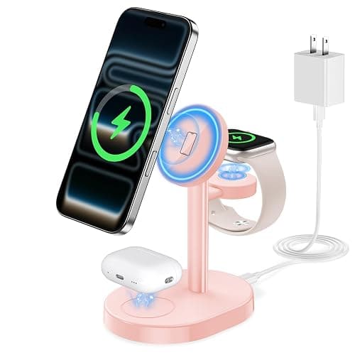 Hevanto 2025 3 in 1 Wireless Charging Station for Apple MagSafe Charger, 15W Fast Mag-Safe Charger Stand for iPhone 17 16 15 14 13 12 Apple Watch AirPods Compatible with MagSafe, Pink - Image 1