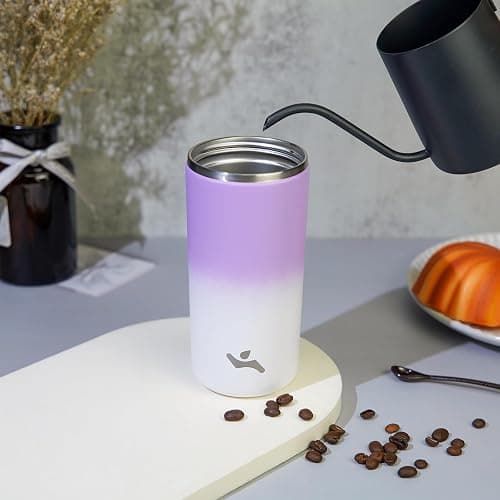 Konokyo 12oz Travel Coffee Mug with Lid, Insulated Stainless Tumbler | Purple White; BPA-free, leak-proof travel mug for hot coffee, iced coffee, office, home, camping, commute & daily use thumbnail 7