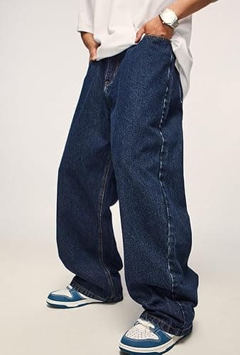 Mens Baggy Jeans Y2k Skater Vintage Plain Pants Casual Wide Leg Loose Fit Denim Hip Hop Jean thumbnail 5