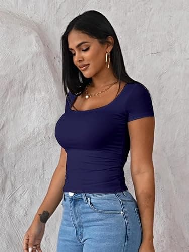 Dwnval Womens Summer Sexy Square Neck Tops Double Lined Short Sleeve Shirts Slim Fit Crop Top thumbnail 3