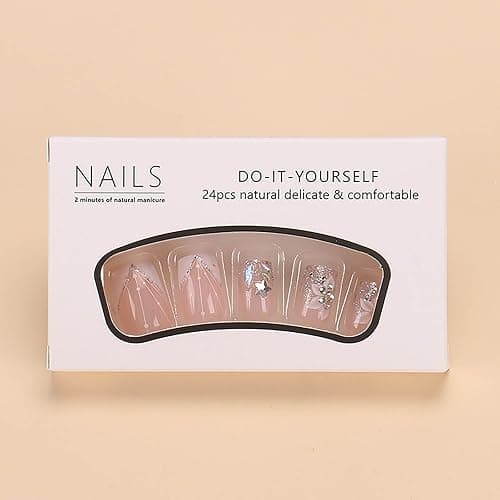 RUOKEXIN Square Press-on Nails - White French Tip Fake Nails with Glitter Designs, Medium Length, 24pcs thumbnail 3