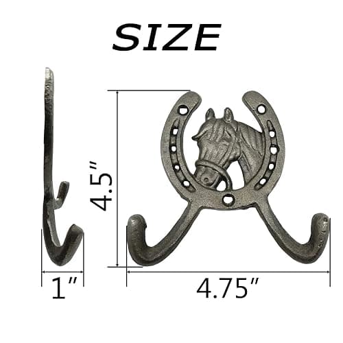 TIHOOD 2PCS 4.5" Horse Head Horseshoe Western Double Cast Iron Wall Hooks, Horse Shoe with Horse thumbnail 3