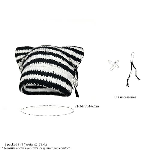Hshsclth Cat Ear Beanie for Women, Y2K Striped Slouchy Crochet Goth Style with DIY Accessories, Cute Knit Hat with Ears thumbnail 2