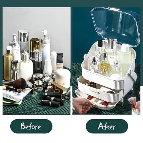 Multi-Function Make Up Case Dustproof Cosmetic Storage Box, Organizer Skin Care Products Jewelry Organizer Finishing Box for Bedroom Bathroom Desktop (White) thumbnail 3