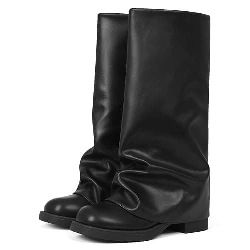 femflame Women's Fold Over Boots Slouchy Wide Calf Pleated Platform Black Boots Round Toe Chunky Stacked Riding Biker Boots Mid Calf Boots thumbnail 6