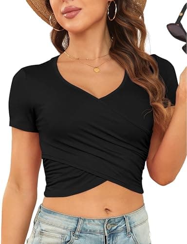 Women's Short Sleeve Crop Top Deep V Neck Stretchy Slim Fits Cross Wrap Tops Tee - Image 1