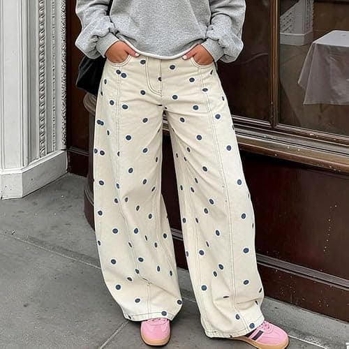 XBTCLXEBCO Polka Dot Jeans Women Y2K Print High Waisted Wide Leg Denim Pants Vintage Stretchy Boyfriend Jeans 90s Streetwear thumbnail 2