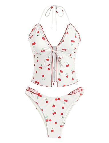 ZAFUL Tankini Swimsuits for Women Smocked Ruffles Tie Front Bowknot Textured High Cut Tanga Tankini Set - Image 1