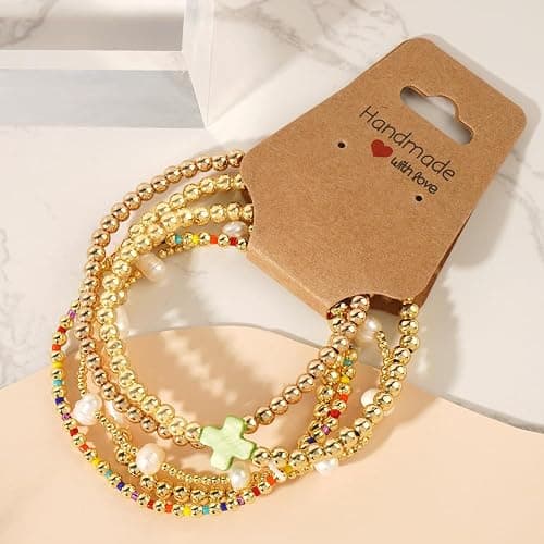 SHINUS BOHO 14K Gold Pearl Beaded Cross Bracelets Stack Set for Women,Stretch Boho Colorful Christian Beads Ball Jewelry Trendy Gift thumbnail 4