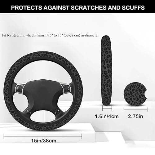KARREAL Leopard Print Steering Wheel Cover & Coasters, Black, 14.5-15 Inch, Car, SUVs, Trucks thumbnail 6
