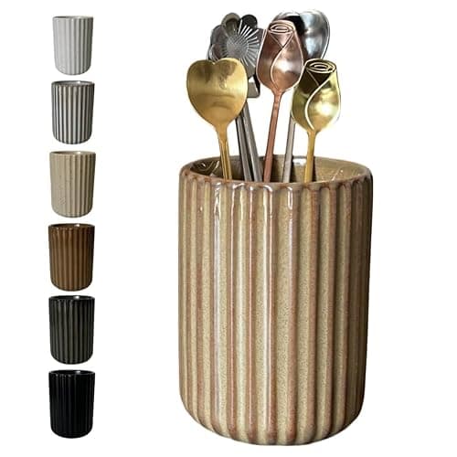 TOPYOKK Stoneware Coffee Bar Utensil Holder Tea & Coffee Spoon & Stirrer Holder for Stir Stick Straw Teaspoon Holder Spoon Cup Small Utensil Jar Fluted Vertical Stripe (Rustic Brown) - Image 1